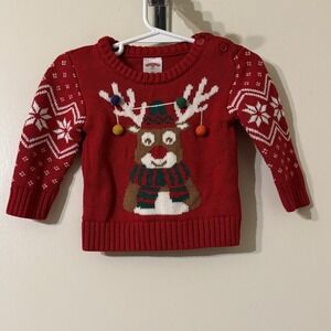 Holiday Time Red Reindeer Christmas Holiday Sweater 12 Months Unisex Boy Girl